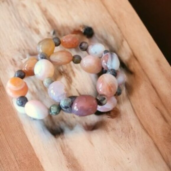 Golden Brown Agate Beaded Stretch Bracelets Set of 2 - Picture 2 of 2